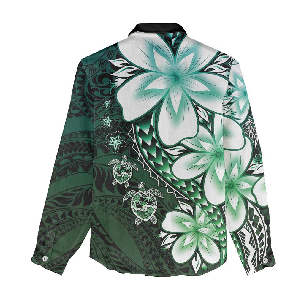 Polynesia Romantic Valentine Women Casual Shirt Sea Turtle Couple With Aqua Gradient Plumeria