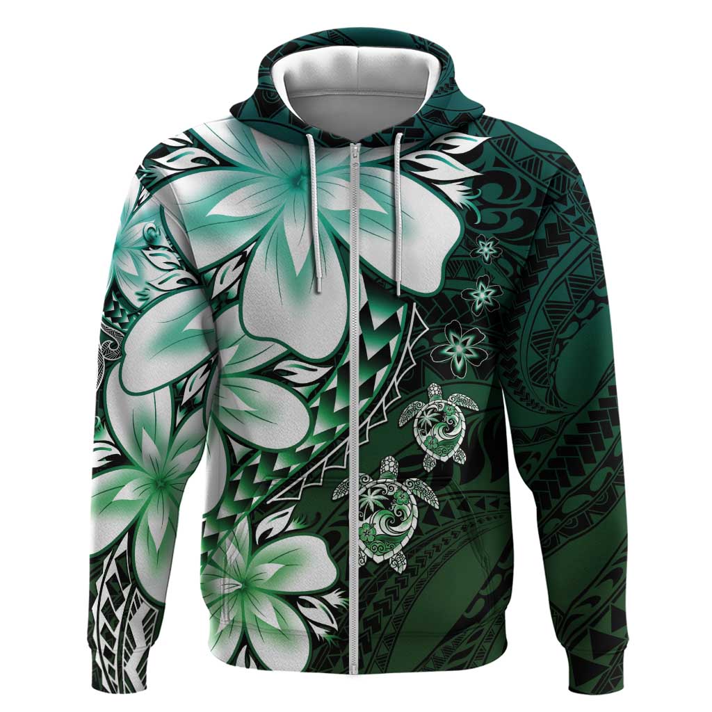 Polynesia Romantic Valentine Zip Hoodie Sea Turtle Couple With Aqua Gradient Plumeria