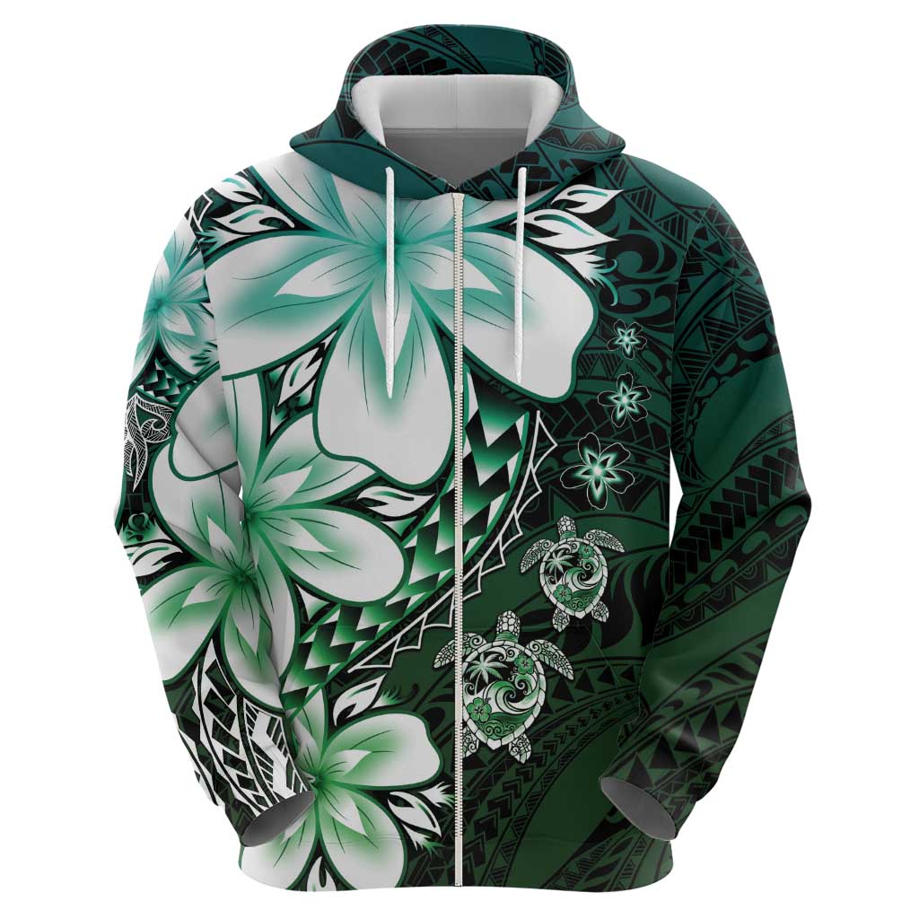 Polynesia Romantic Valentine Zip Hoodie Sea Turtle Couple With Aqua Gradient Plumeria