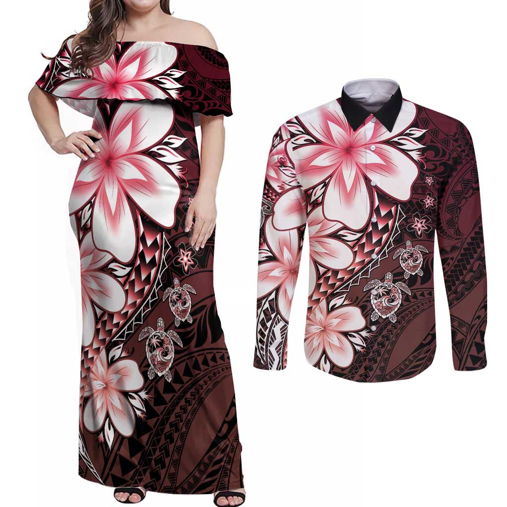 Polynesia Romantic Valentine Couples Matching Off Shoulder Maxi Dress and Long Sleeve Button Shirt Sea Turtle Couple With Red Gradient Plumeria