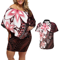 Polynesia Romantic Valentine Couples Matching Off Shoulder Short Dress and Hawaiian Shirt Sea Turtle Couple With Red Gradient Plumeria LT05 Red - Polynesian Pride