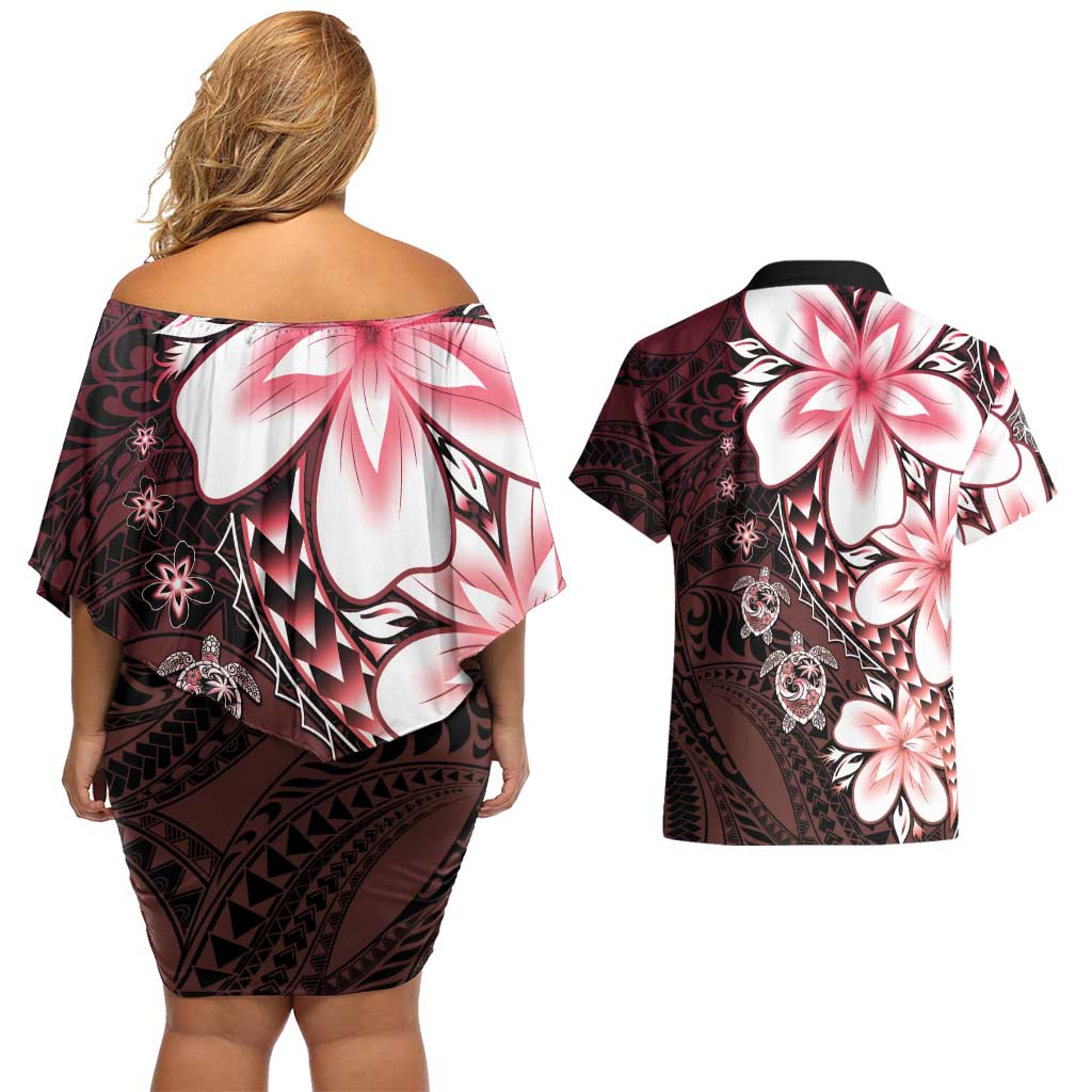 Polynesia Romantic Valentine Couples Matching Off Shoulder Short Dress and Hawaiian Shirt Sea Turtle Couple With Red Gradient Plumeria LT05 - Polynesian Pride