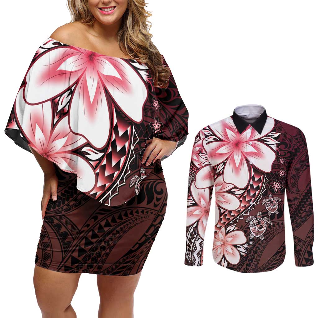 Polynesia Romantic Valentine Couples Matching Off Shoulder Short Dress and Long Sleeve Button Shirt Sea Turtle Couple With Red Gradient Plumeria