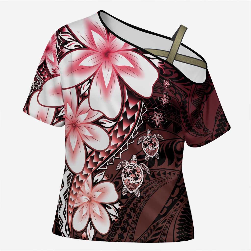 Polynesia Romantic Valentine Cross Shoulder Shirt Sea Turtle Couple With Red Gradient Plumeria