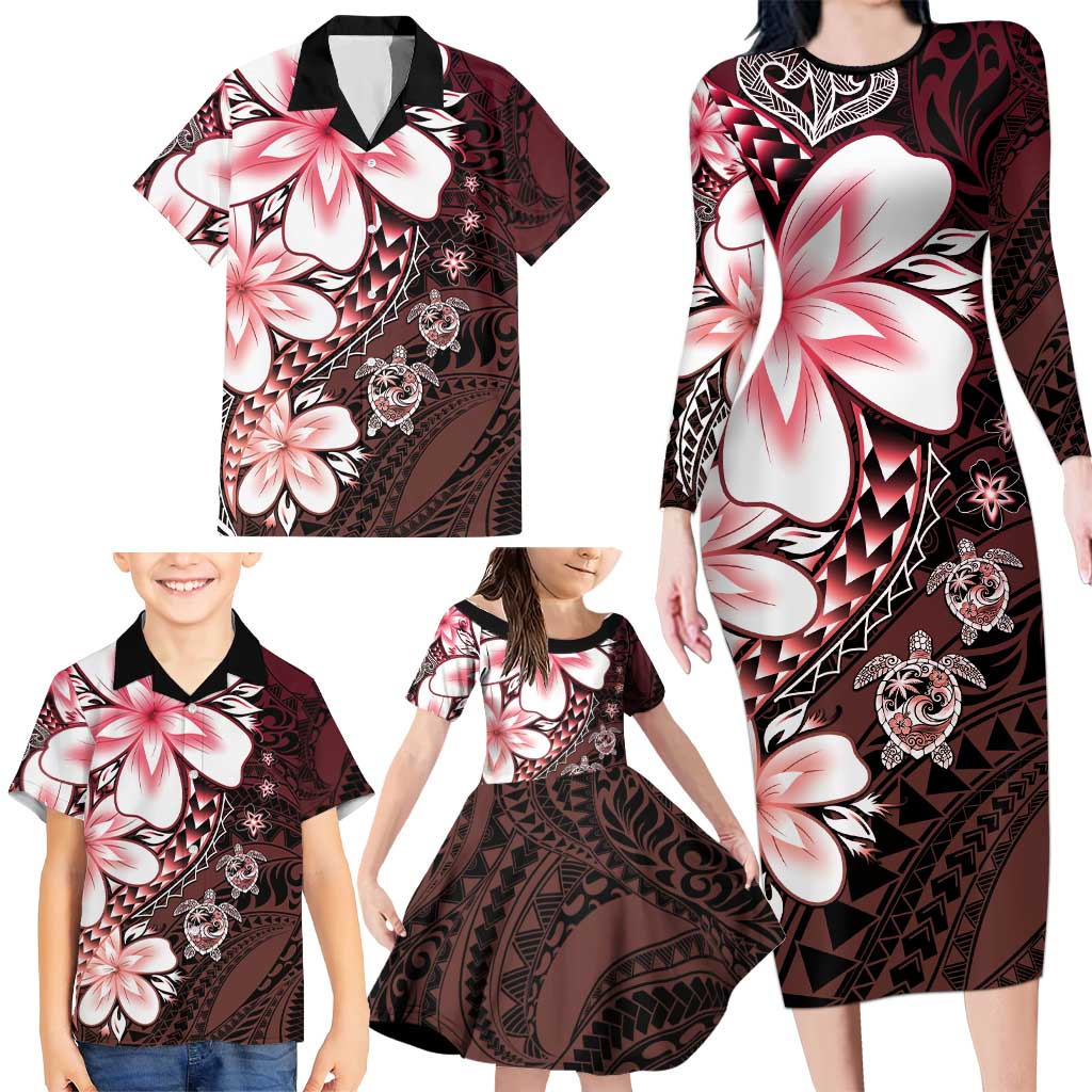 Polynesia Romantic Valentine Family Matching Long Sleeve Bodycon Dress and Hawaiian Shirt Sea Turtle Couple With Red Gradient Plumeria