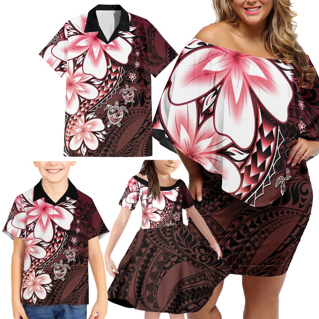 Polynesia Romantic Valentine Family Matching Off Shoulder Short Dress and Hawaiian Shirt Sea Turtle Couple With Red Gradient Plumeria