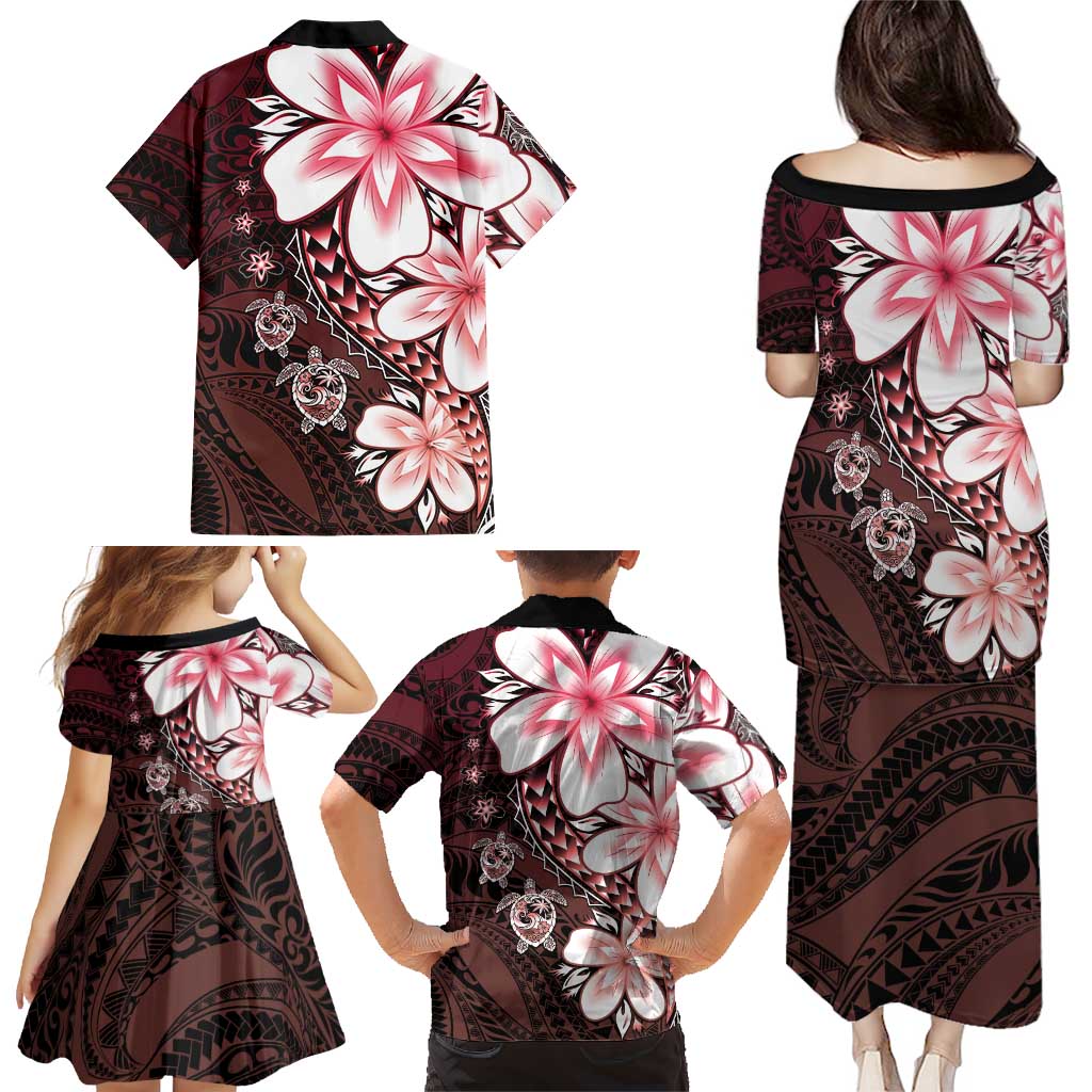 Polynesia Romantic Valentine Family Matching Puletasi and Hawaiian Shirt Sea Turtle Couple With Red Gradient Plumeria