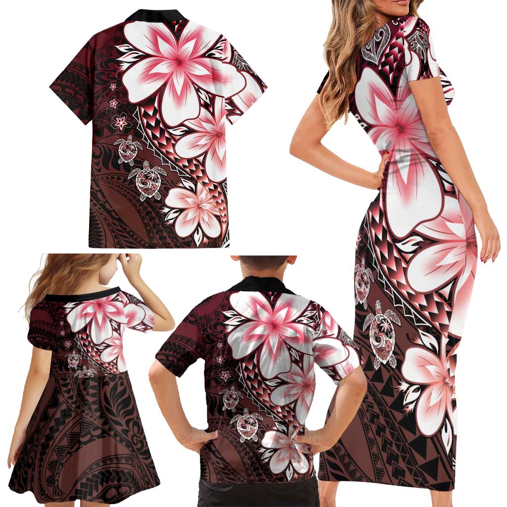 Polynesia Romantic Valentine Family Matching Short Sleeve Bodycon Dress and Hawaiian Shirt Sea Turtle Couple With Red Gradient Plumeria