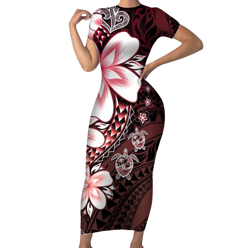 Polynesia Romantic Valentine Family Matching Short Sleeve Bodycon Dress and Hawaiian Shirt Sea Turtle Couple With Red Gradient Plumeria
