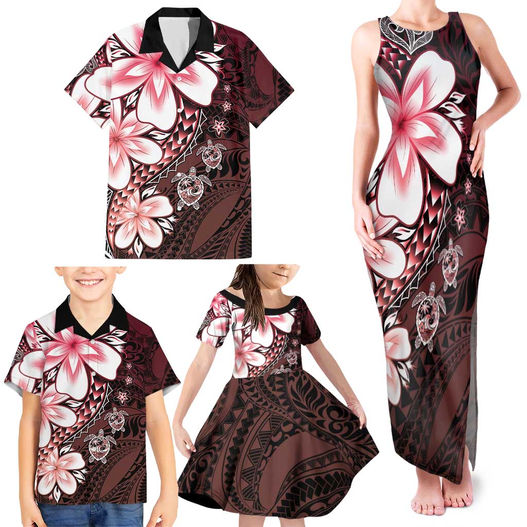 Polynesia Romantic Valentine Family Matching Tank Maxi Dress and Hawaiian Shirt Sea Turtle Couple With Red Gradient Plumeria