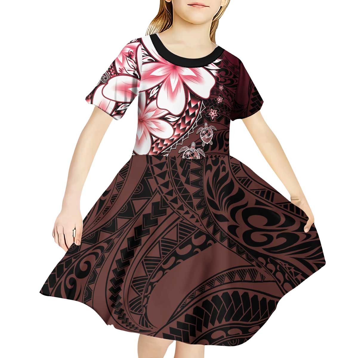 Polynesia Romantic Valentine Kid Short Sleeve Dress Sea Turtle Couple With Red Gradient Plumeria LT05 - Polynesian Pride