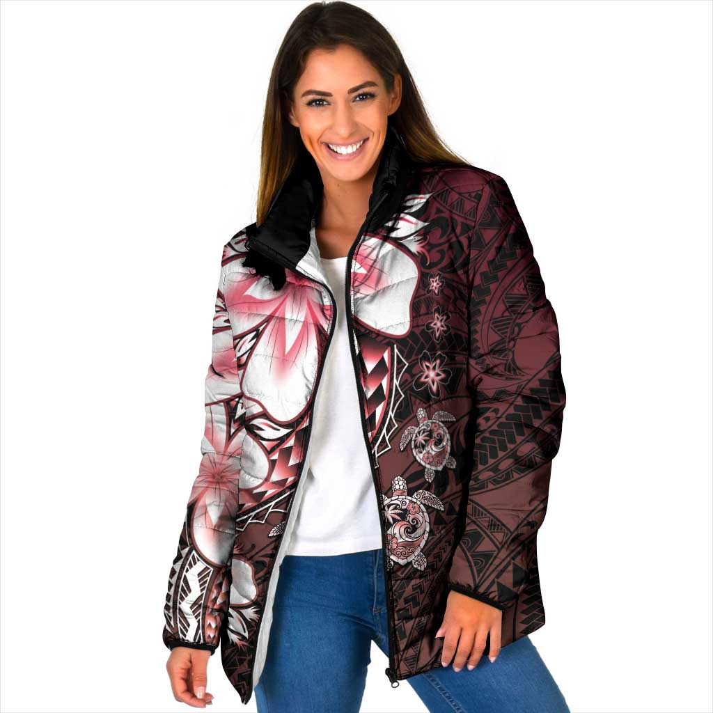 Polynesia Romantic Valentine Padded Jacket Sea Turtle Couple With Red Gradient Plumeria