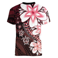Polynesia Romantic Valentine Women V-Neck T-Shirt Sea Turtle Couple With Red Gradient Plumeria