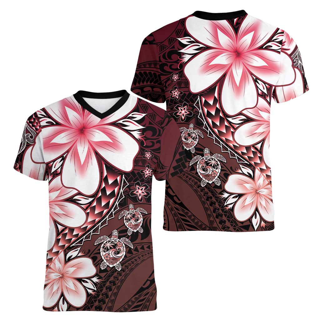 Polynesia Romantic Valentine Women V-Neck T-Shirt Sea Turtle Couple With Red Gradient Plumeria