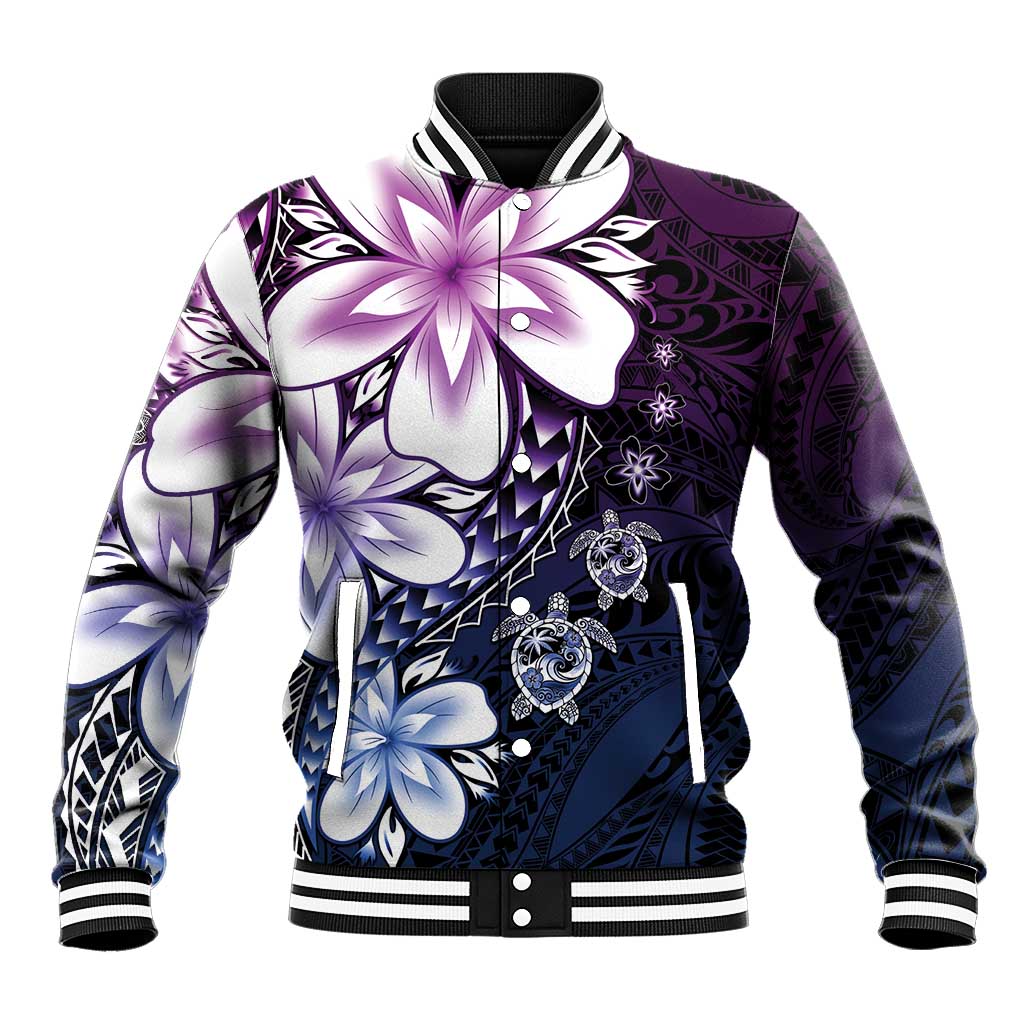 Polynesia Romantic Valentine Baseball Jacket Sea Turtle Couple With Purple Gradient Plumeria LT05 Unisex Purple - Polynesian Pride