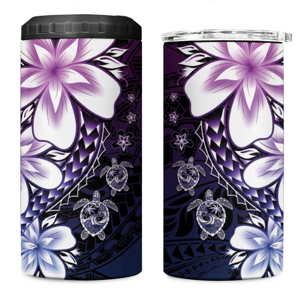 Polynesia Romantic Valentine 4 in 1 Can Cooler Tumbler Sea Turtle Couple With Purple Gradient Plumeria