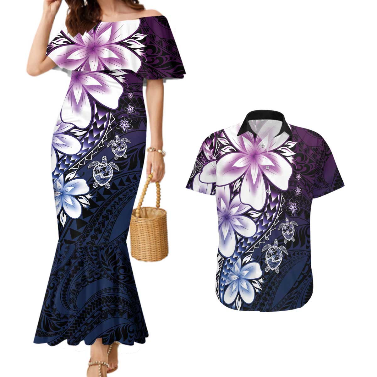 Polynesia Romantic Valentine Couples Matching Mermaid Dress and Hawaiian Shirt Sea Turtle Couple With Purple Gradient Plumeria LT05 Purple - Polynesian Pride