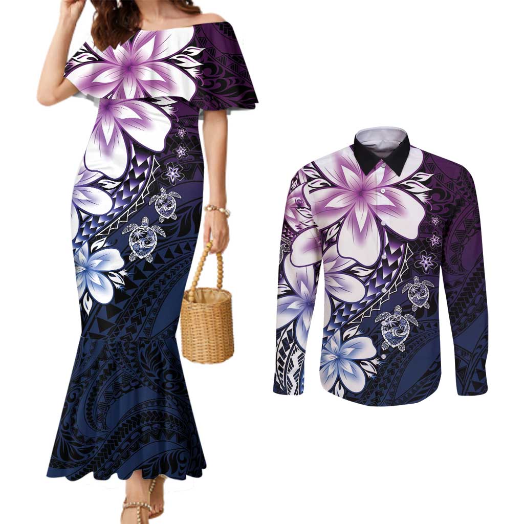 Polynesia Romantic Valentine Couples Matching Mermaid Dress and Long Sleeve Button Shirt Sea Turtle Couple With Purple Gradient Plumeria LT05 Purple - Polynesian Pride