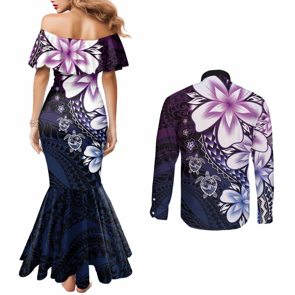 Polynesia Romantic Valentine Couples Matching Mermaid Dress and Long Sleeve Button Shirt Sea Turtle Couple With Purple Gradient Plumeria LT05 - Polynesian Pride
