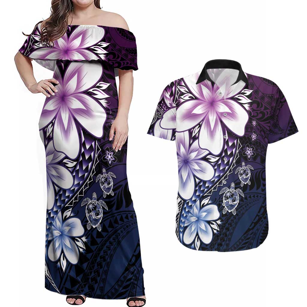 Polynesia Romantic Valentine Couples Matching Off Shoulder Maxi Dress and Hawaiian Shirt Sea Turtle Couple With Purple Gradient Plumeria LT05 Purple - Polynesian Pride