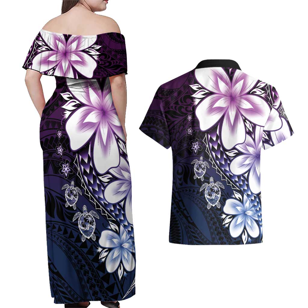 Polynesia Romantic Valentine Couples Matching Off Shoulder Maxi Dress and Hawaiian Shirt Sea Turtle Couple With Purple Gradient Plumeria LT05 - Polynesian Pride