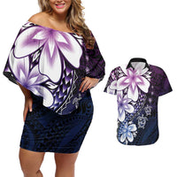 Polynesia Romantic Valentine Couples Matching Off Shoulder Short Dress and Hawaiian Shirt Sea Turtle Couple With Purple Gradient Plumeria LT05 Purple - Polynesian Pride