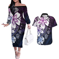 Polynesia Romantic Valentine Couples Matching Off The Shoulder Long Sleeve Dress and Hawaiian Shirt Sea Turtle Couple With Purple Gradient Plumeria LT05 Purple - Polynesian Pride