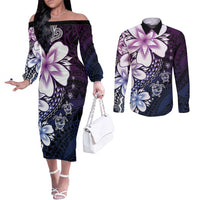 Polynesia Romantic Valentine Couples Matching Off The Shoulder Long Sleeve Dress and Long Sleeve Button Shirt Sea Turtle Couple With Purple Gradient Plumeria