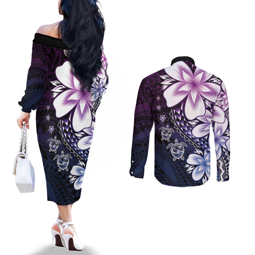 Polynesia Romantic Valentine Couples Matching Off The Shoulder Long Sleeve Dress and Long Sleeve Button Shirt Sea Turtle Couple With Purple Gradient Plumeria
