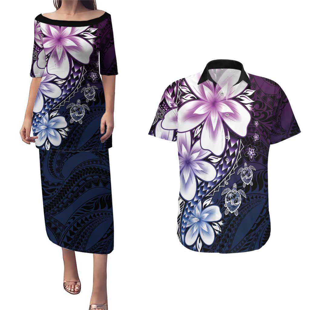 Polynesia Romantic Valentine Couples Matching Puletasi and Hawaiian Shirt Sea Turtle Couple With Purple Gradient Plumeria