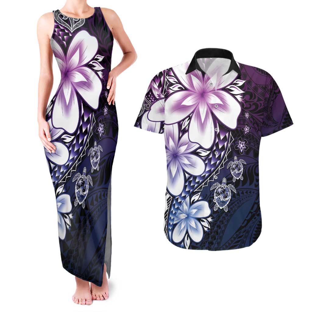 Polynesia Romantic Valentine Couples Matching Tank Maxi Dress and Hawaiian Shirt Sea Turtle Couple With Purple Gradient Plumeria