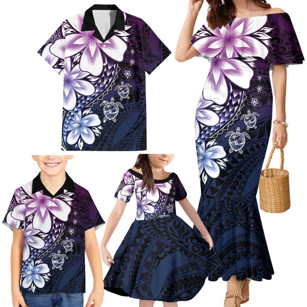 Polynesia Romantic Valentine Family Matching Mermaid Dress and Hawaiian Shirt Sea Turtle Couple With Purple Gradient Plumeria
