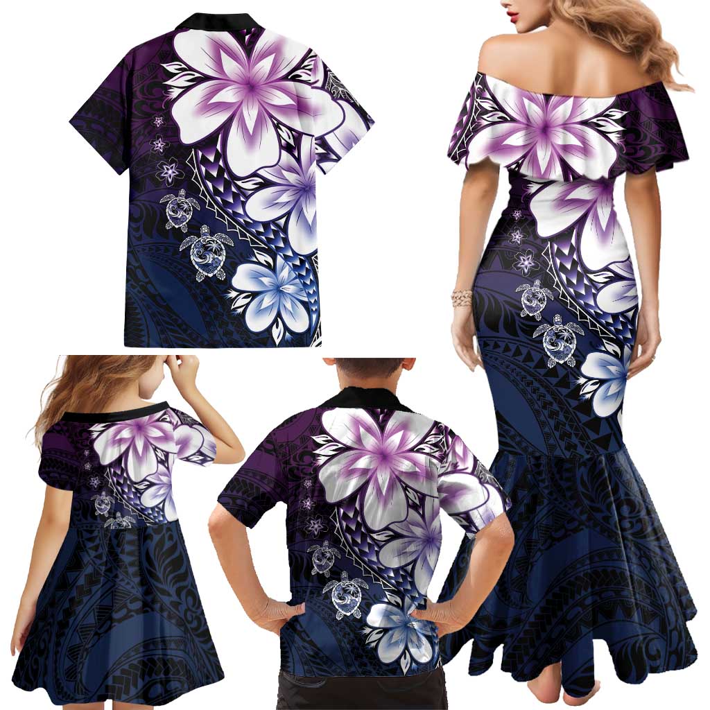 Polynesia Romantic Valentine Family Matching Mermaid Dress and Hawaiian Shirt Sea Turtle Couple With Purple Gradient Plumeria