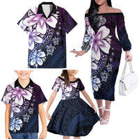 Polynesia Romantic Valentine Family Matching Off The Shoulder Long Sleeve Dress and Hawaiian Shirt Sea Turtle Couple With Purple Gradient Plumeria