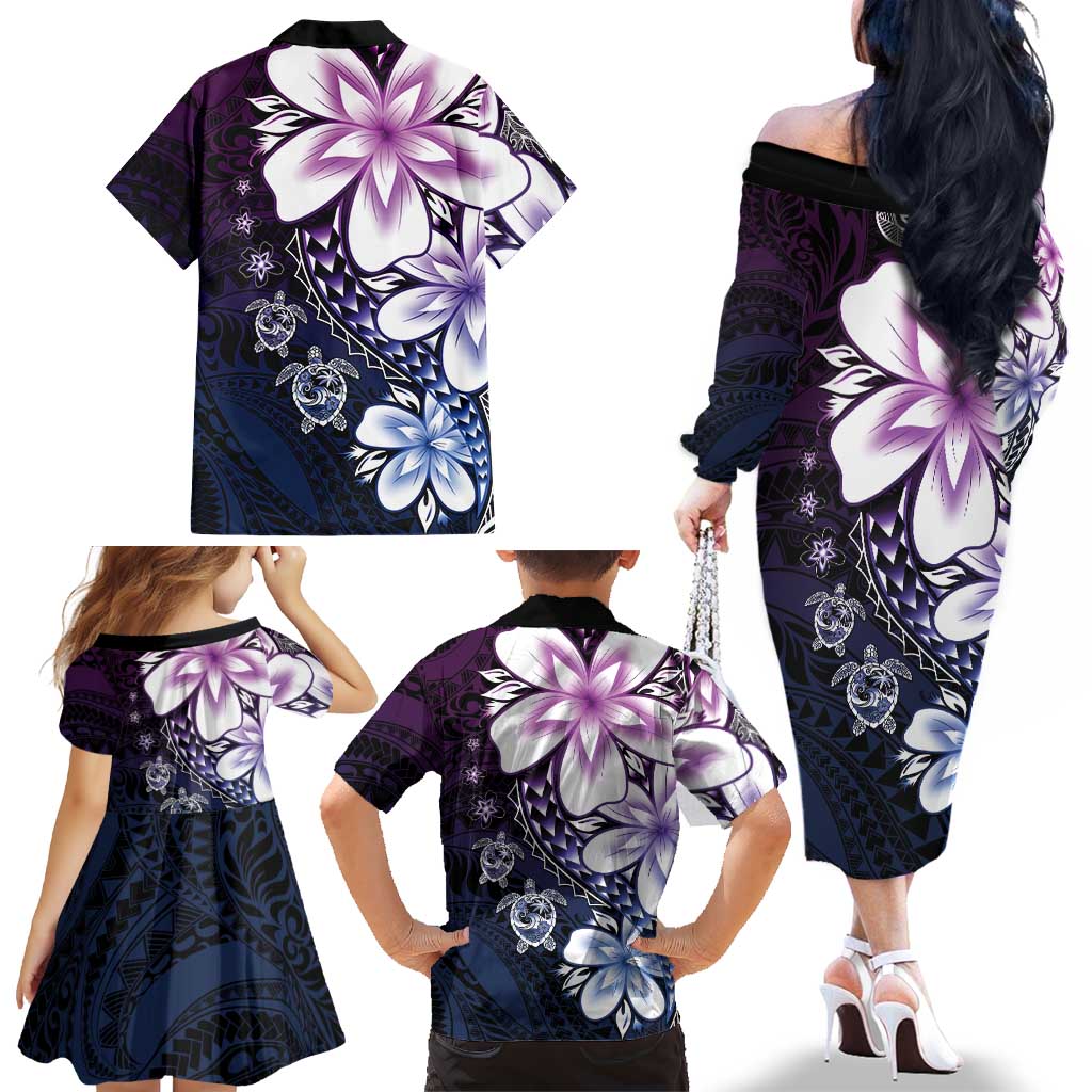 Polynesia Romantic Valentine Family Matching Off The Shoulder Long Sleeve Dress and Hawaiian Shirt Sea Turtle Couple With Purple Gradient Plumeria