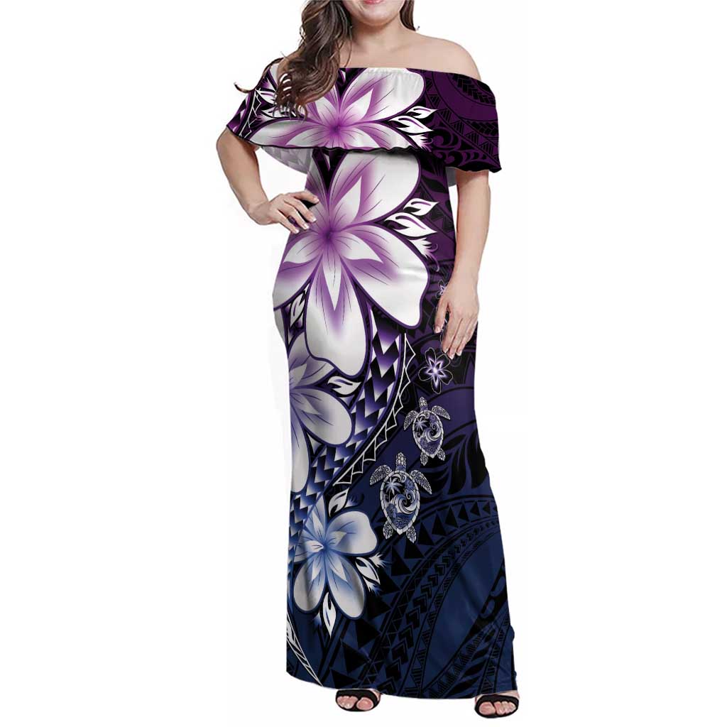 Polynesia Romantic Valentine Family Matching Off Shoulder Maxi Dress and Hawaiian Shirt Sea Turtle Couple With Purple Gradient Plumeria
