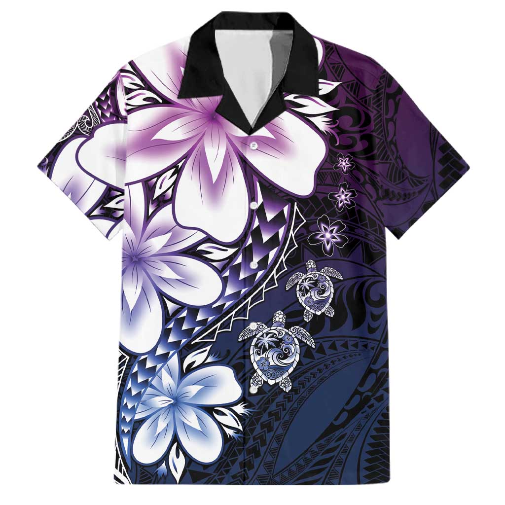 Polynesia Romantic Valentine Family Matching Off Shoulder Short Dress and Hawaiian Shirt Sea Turtle Couple With Purple Gradient Plumeria