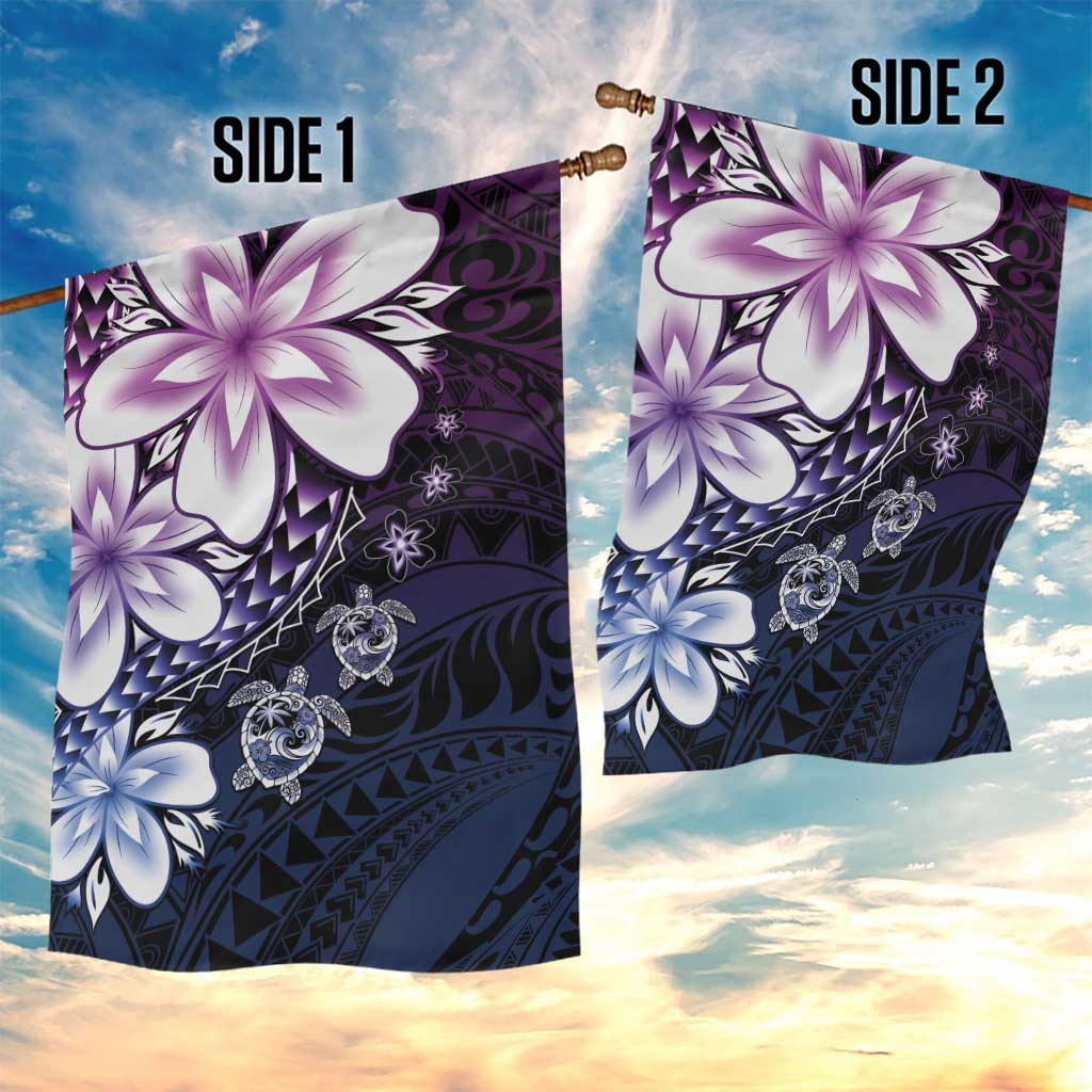 Polynesia Romantic Valentine Garden Flag Sea Turtle Couple With Purple Gradient Plumeria