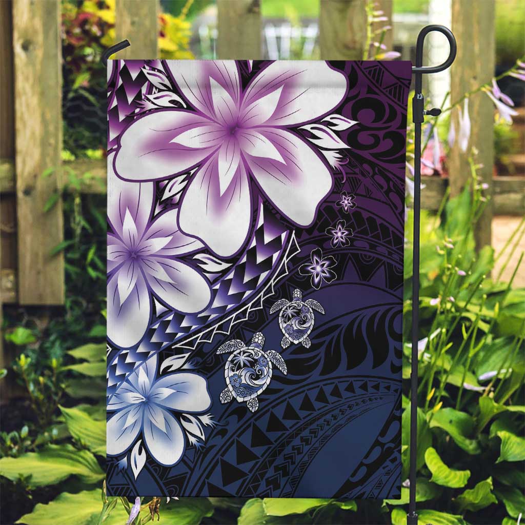 Polynesia Romantic Valentine Garden Flag Sea Turtle Couple With Purple Gradient Plumeria