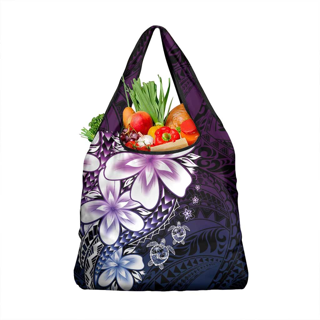 Polynesia Romantic Valentine Grocery Bag Sea Turtle Couple With Purple Gradient Plumeria