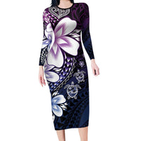 Polynesia Romantic Valentine Long Sleeve Bodycon Dress Sea Turtle Couple With Purple Gradient Plumeria LT05 Long Dress Purple - Polynesian Pride