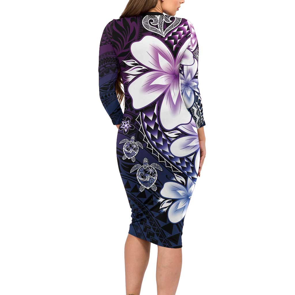 Polynesia Romantic Valentine Long Sleeve Bodycon Dress Sea Turtle Couple With Purple Gradient Plumeria LT05 - Polynesian Pride