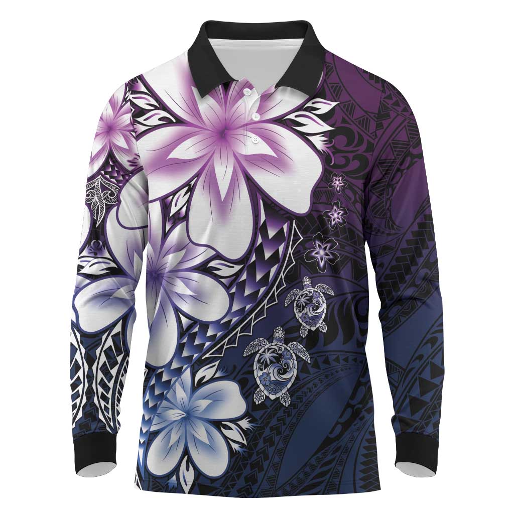 Polynesia Romantic Valentine Long Sleeve Polo Shirt Sea Turtle Couple With Purple Gradient Plumeria