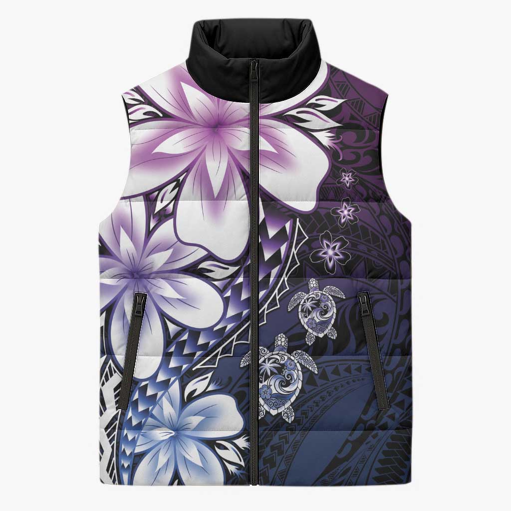 Polynesia Romantic Valentine Sleeveless Puffer Jacket Sea Turtle Couple With Purple Gradient Plumeria