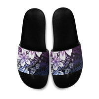 Polynesia Romantic Valentine Slide Sandals Sea Turtle Couple With Purple Gradient Plumeria