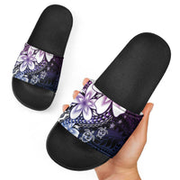 Polynesia Romantic Valentine Slide Sandals Sea Turtle Couple With Purple Gradient Plumeria