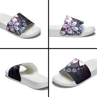 Polynesia Romantic Valentine Slide Sandals Sea Turtle Couple With Purple Gradient Plumeria