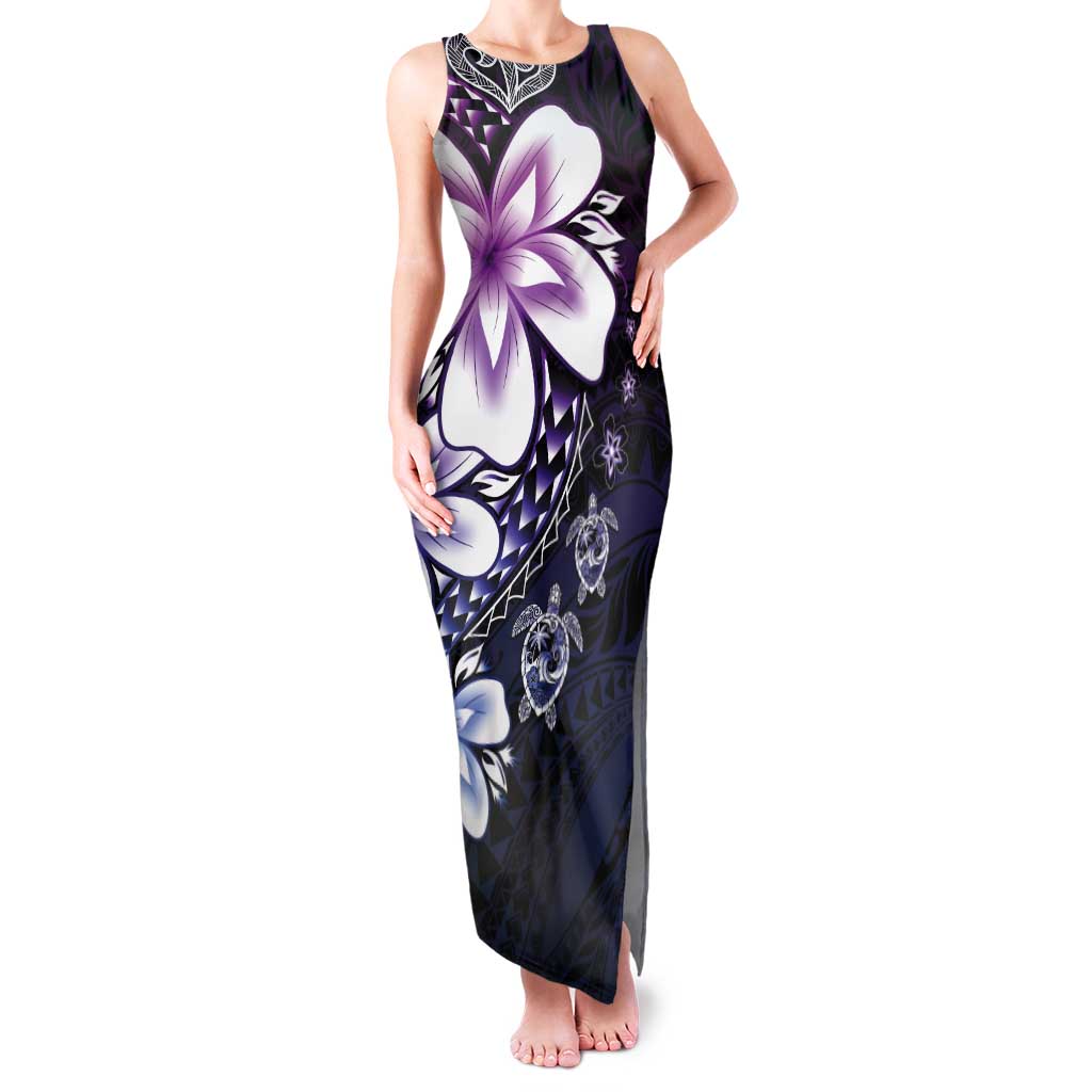 Polynesia Romantic Valentine Tank Maxi Dress Sea Turtle Couple With Purple Gradient Plumeria