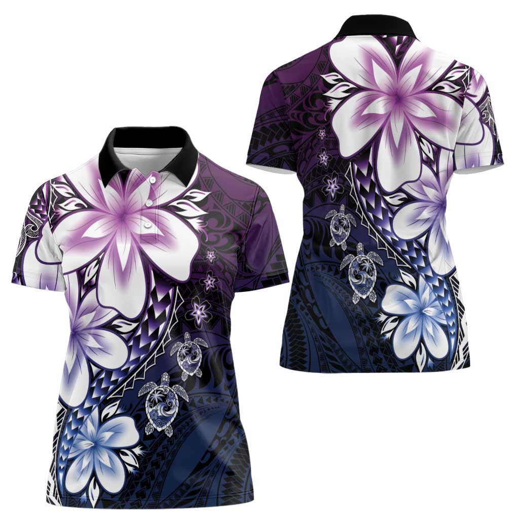 Polynesia Romantic Valentine Women Polo Shirt Sea Turtle Couple With Purple Gradient Plumeria