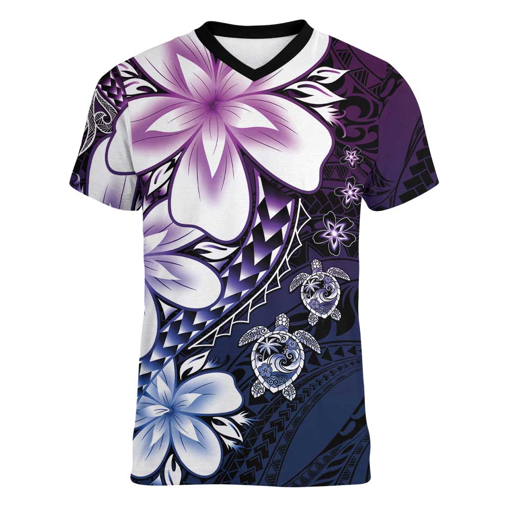 Polynesia Romantic Valentine Women V-Neck T-Shirt Sea Turtle Couple With Purple Gradient Plumeria